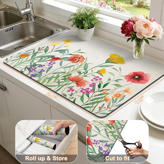 LOKHOM Dish Drying Mat for Kitchen Counter, 18"x24" Absorbent Coffee Bar Mat with Spring Floral, Dish Drainer Rack Mat for Kitchen Counter