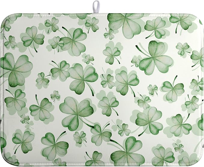 Green Clover Kitchen Drying Mat St Patrick's Day Lucky Shamrock Dish Drying Mats Spring Sage Green Dishes Dry Mat Microfiber Washable Large Dish Pad Super Absorbent Dish Drainer Rack Mat 18x24 Inch