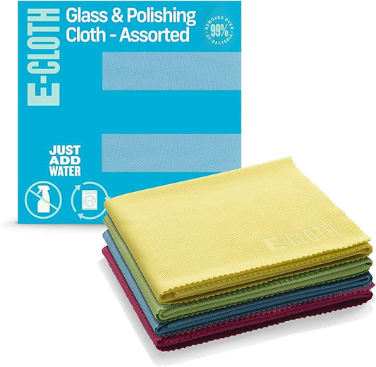 E-Cloth Glass & Polishing Cloth - Microfiber Cleaning Towel Cloth for Windows, Cars, Mirrors, Eyeglasses, & More, Streak Free Clean, Reusable & Machine Washable - Assorted Colors (4 Pack)