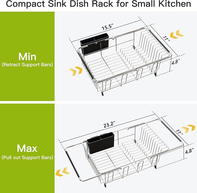 JASIWAY Dish Drying Rack in Sink, Expandable Stainless Steel Dish Drainers for Kitchen Counter, Dish Dryer Rack for Inside Sink, Over The Sink Dish Racks with Utensil Holder, Silver