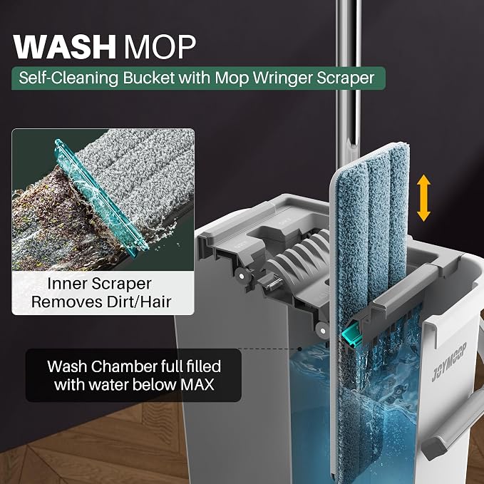 JOYMOOP Flat Mop System, Microfiber Mop and Bucket Set, White, Household & Commercial Floor Cleaning Mop with Long Handle, Hands-Free Cleaning System