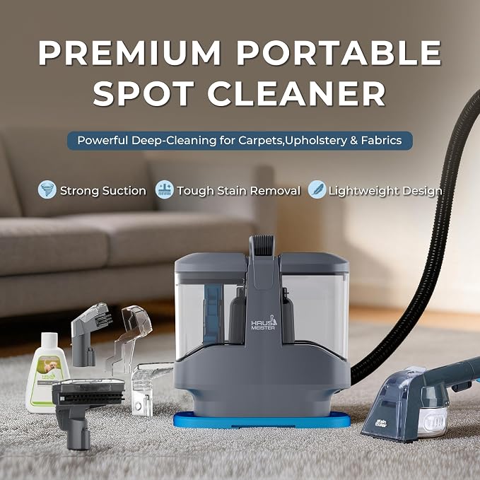 Hausmeister Hydroflex Pro Portable Carpet Cleaner and Pet Stain Remover, Upholstery Spot Cleaner Machine for Couch, Car Interior, Deep Cleaning Vacuum (Machine + 1 Solution & multi attachments)