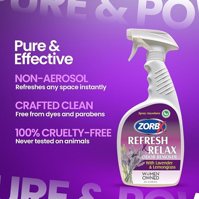 ZORBX Lavender & Lemongrass Spray, 24 Oz - All-Purpose Deodorizer, Refreshes Fabric, Removes Strong Odors, Perfect for Home, Car, Gym, Laundry | All-Purpose Air Freshener/Deodorizer & Fabric Spray for Home, Car, Gym, Laundry, Shoes & Carpet Deodorizing
