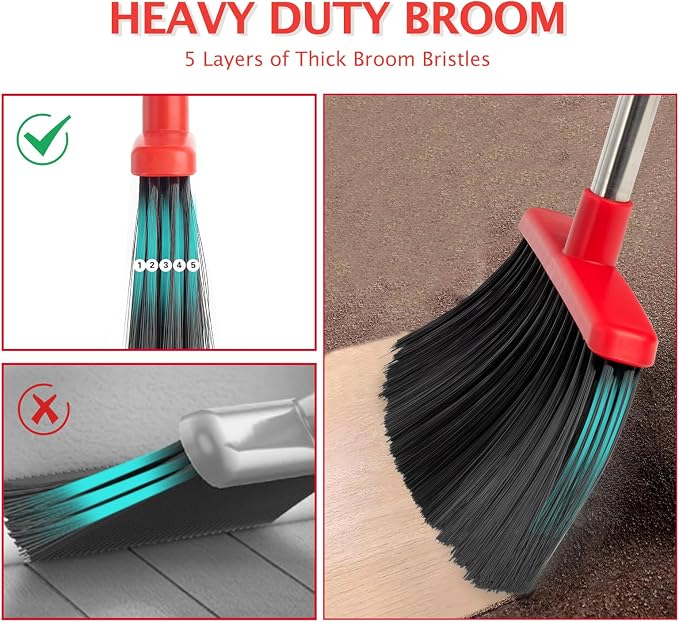 Broom and Dustpan Combo Set,51" Long Handle,Black Red | Heavy Dust, Dustpans with Broom Combo for Home, Kitchen, Office, Classroom,Apartment, Pet Hair