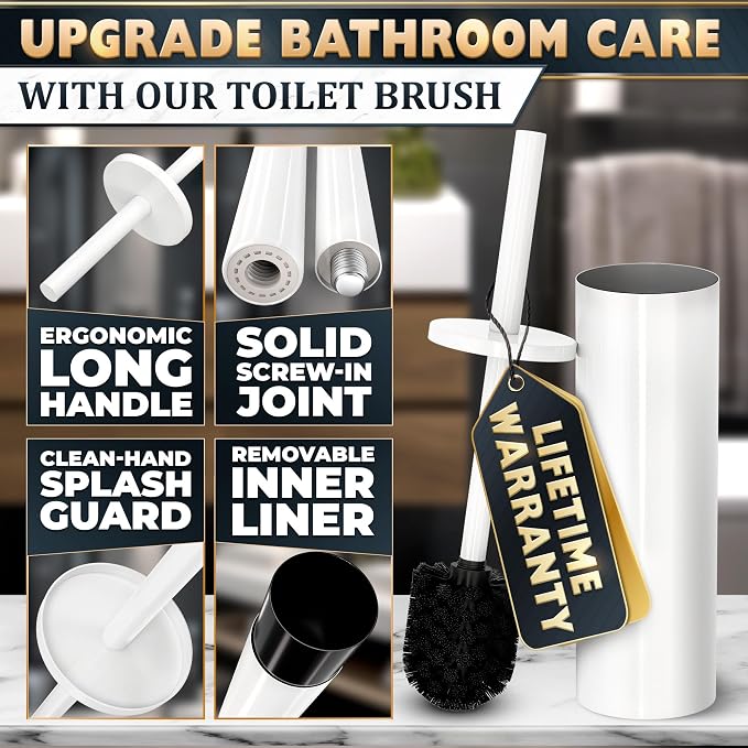 Stainless Steel Toilet Brush and Holder Set, Splash Guard (White) | White Toilet Bowl Brush and Holder Set, Removable Bowl, Dense Bristles, Long Handle, Scratch Resistant, for Modern Bathrooms