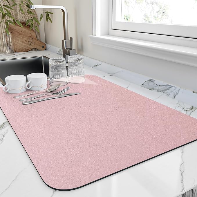 HotLive Dish Drying Mat for Kitchen Counter, Heat Resistant Drainer Mats with Non-slip Rubber Backed, Hide Stain Kitchen Super Absorbent Draining Mat, Easy to Clean Dish Rack Pad, Pink 16"x20"
