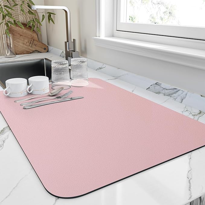 HotLive Dish Drying Mat for Kitchen Counter, Heat Resistant Drainer Mats with Non-slip Rubber Backed, Hide Stain Kitchen Super Absorbent Draining Mat, Easy to Clean Dish Rack Pad, Pink 18"x28"