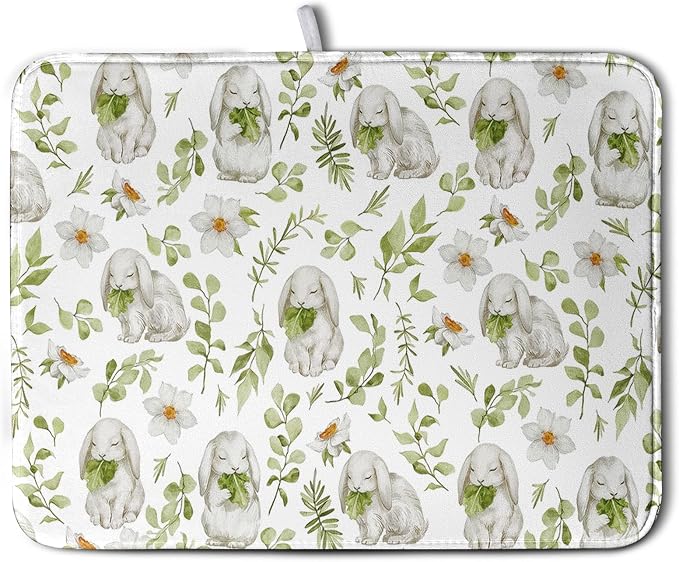 Easter Bunny Floral Drying Mat for Kitchen Counter Spring Easter Rabbits Green Leaves Dry Dish Mat Absorbent Microfiber Dish Draining Washable Dish Drainer Rack Mat Large 18x24 Inch