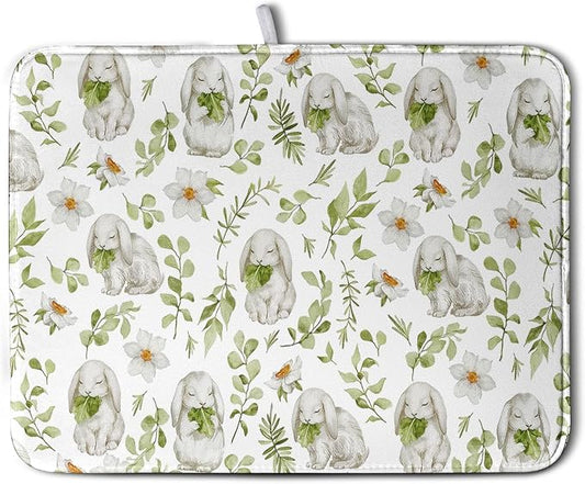 Easter Bunny Floral Drying Mat for Kitchen Counter Spring Easter Rabbits Green Leaves Dry Dish Mat Absorbent Microfiber Dish Draining Washable Dish Drainer Rack Mat Large 18x24 Inch