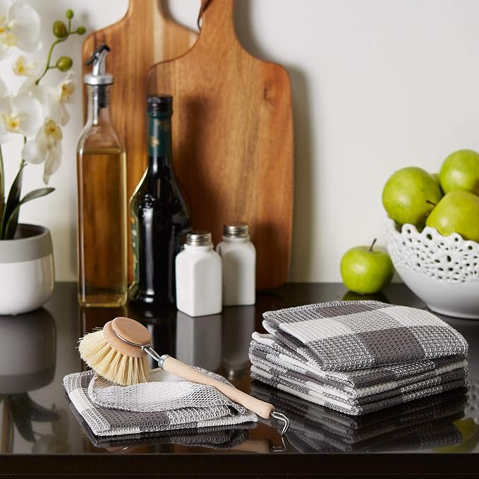 DII Scrubber Dishcloths Collection Windowpane Dishrag Set, 12x12, Gray Buffalo Check, 6 Piece