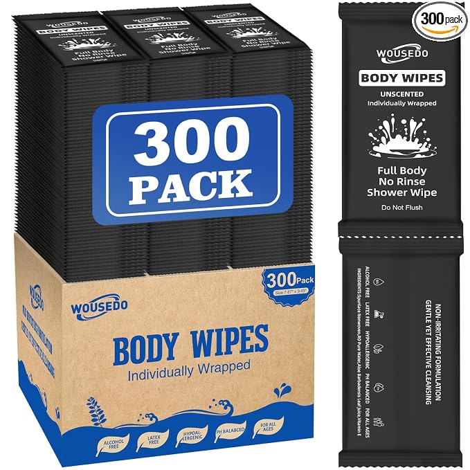300 Pcs Ultra Thick Soft Large Body Wipes Individually Wrapped(7.87" x 9.45"),Shower Wipes for Adults Bathing No Rinse,Personal Cleansing Wipes for Travel Gym,Bulk Deodorant for Homeless.