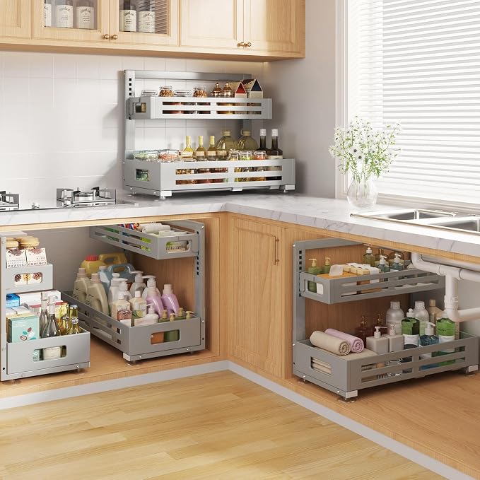 2 Pack 21IN-Depth Under Sink Organizer,Pull Out Cabinet Organizer With Smooth Cylindrical Rail,Metal Slide Out Drawer for Kitchen Bathroom Laundry,8-Level Tool Free Height Adjustable-Gun Gray