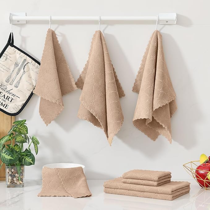 Homaxy Kitchen Towels and Dishcloths Set, 10 x 10 and 13 x 19 Inches, Set of 12 Super Soft and Absorbent Coral Velvet Kitchen Towels, No Lint and Nonstick Oil Fast Drying Dish Towel, Tan
