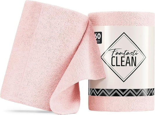 Fantasticlean Microfiber Cleaning Cloth Roll -60 Pack, Tear Away Paperless Towels, 8" x 8", Reusable Washable Rags, for House Kitchen, Pet, Office, Indoor Outdoor, Compact and Portable (Pink)