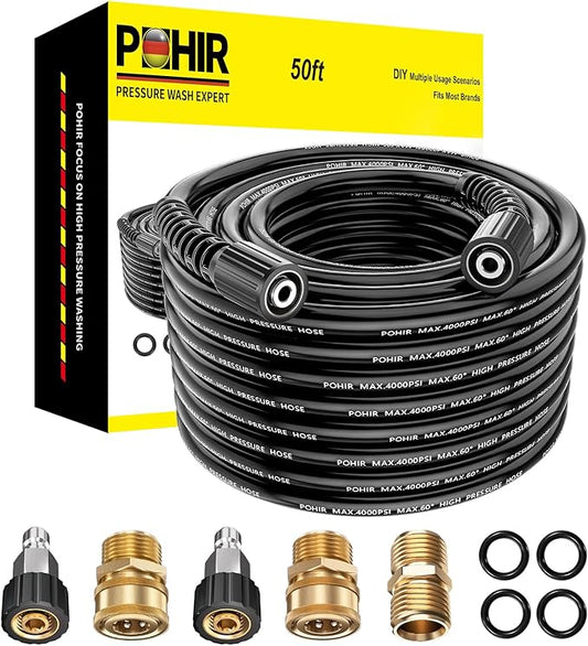 50ft Pressue Washer Hose 4000 PSI, M22 Replacement Power Washing Hose | Adapters Kit M22 14mm to 3/8'' Quick Connect & M22 Extension, No Kink 1/4'' ID Powerful Cleaning Hose for Car Garden Yard