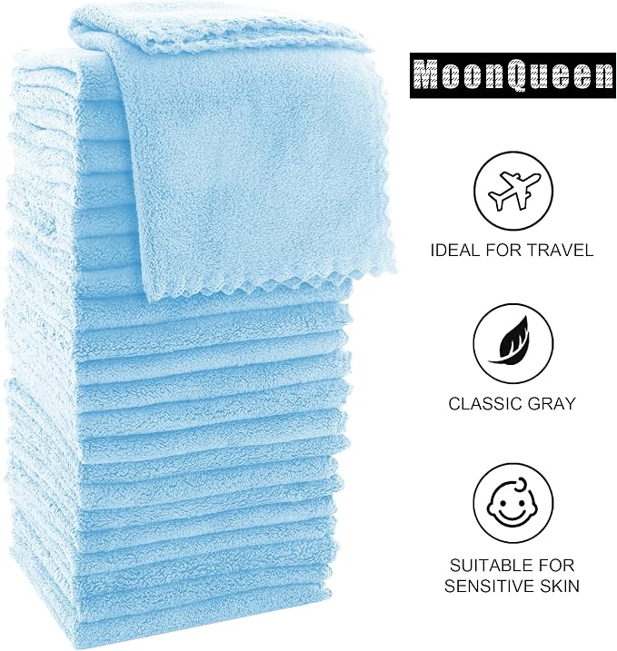 MOONQUEEN Ultra Soft Premium Washcloths Set - 12 x 12 inches - 24 Pack - Quick Drying - Highly Absorbent Coral Velvet Bathroom Wash Clothes - Use as Bath, Spa, Facial, Fingertip Towel (Aquamarine)