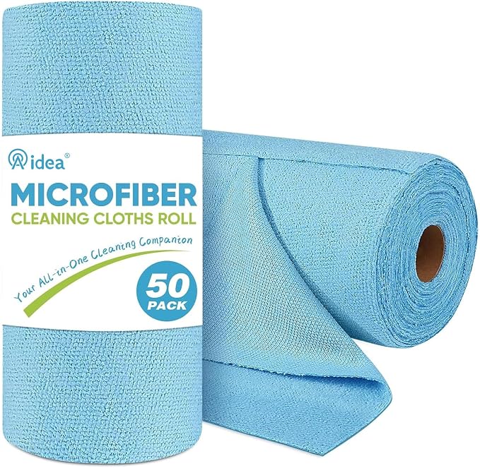 AIDEA Microfiber Cleaning Cloth Roll-50PK, Blue Shop Towels 11.5"×11.5" | Reusable Tear Away Paper Towels, Washable Shop Rags, Microfiber Towels for Cars, Lint Free Rags for House,Mechanic, Workshops