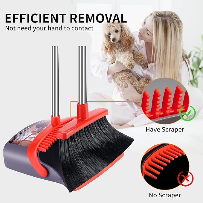 Broom and Dustpan Set 52-in Long Adjustable Handle Broom Dustpan Combo | Upright Dustpan with Teeth to Automatically Clean Hair, Suitable for Home Kitchen Office Hall Floor Lobby(Purple&Red)