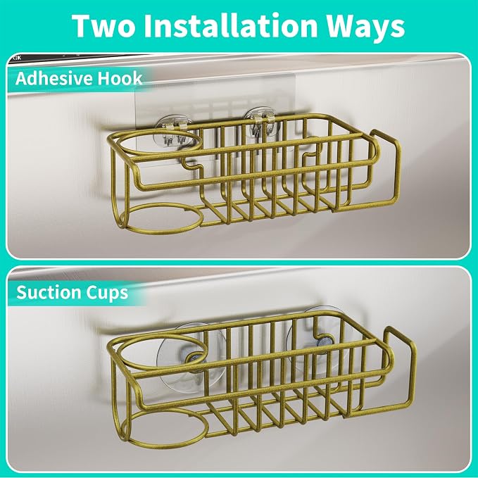 HapiRm Sponge Holder for Kitchen Sink, No Drill Kitchen Sink Caddy Organizer, Rustproof Dish Sponge Holder- Gold(8.73 * 3.54 * 2.36in)