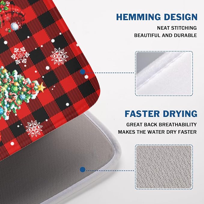 Christmas Dish Drying Mat for Kitchen Counter Xmas Gnome Truck Red Black Buffalo Plaid Dish Drainer Mat Rustic Farmhouse Holiday Absorbent Washable Drying Pad 18"x24"