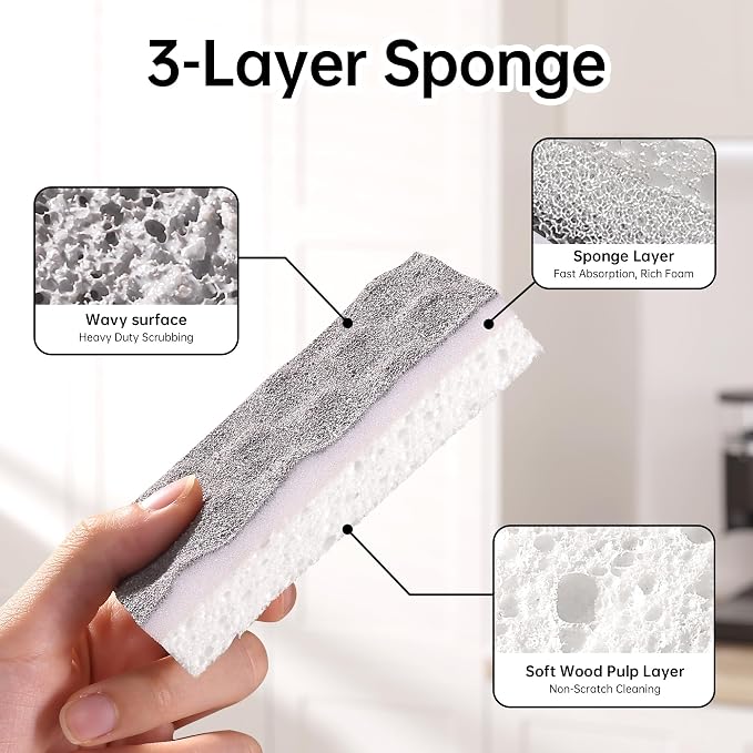 JOYMOOP Textured Clean Sponges, Dual-Sided Non-Scratch Soft Scrub Dish Sponge, Safe for Non-Stick Cookware, Kitchen and Household Cleaning, 12 Pack [Grey & White]