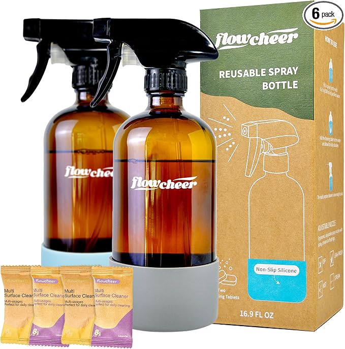 flowcheer Multi-Surface Cleaner Kits-2 Pack Reusable Spray Bottles & 4 Pack All Purpose Cleaner Refills Tablet, 4 x 16.9 Fl oz Bottles of Spray Cleaner Lemon and Lavender Scent