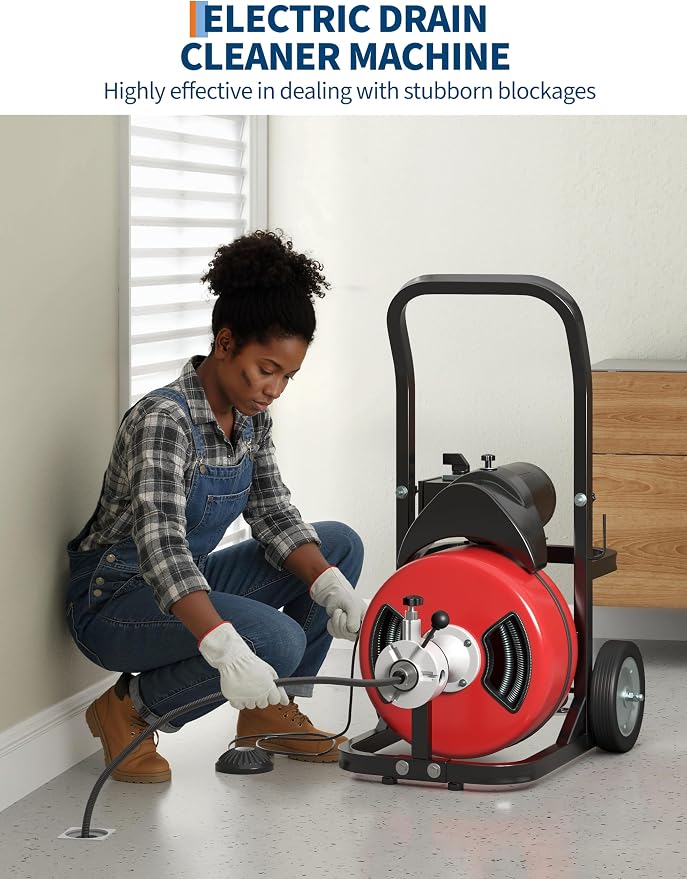 Garvee Drain Cleaner Machine Electric 370W 100FT 1/2 Inch Steel Core Cable | Durable steel cable , 370W motor, auto-feed, foot switch, portable with wheels — for pipes, drains, sinks, toilets