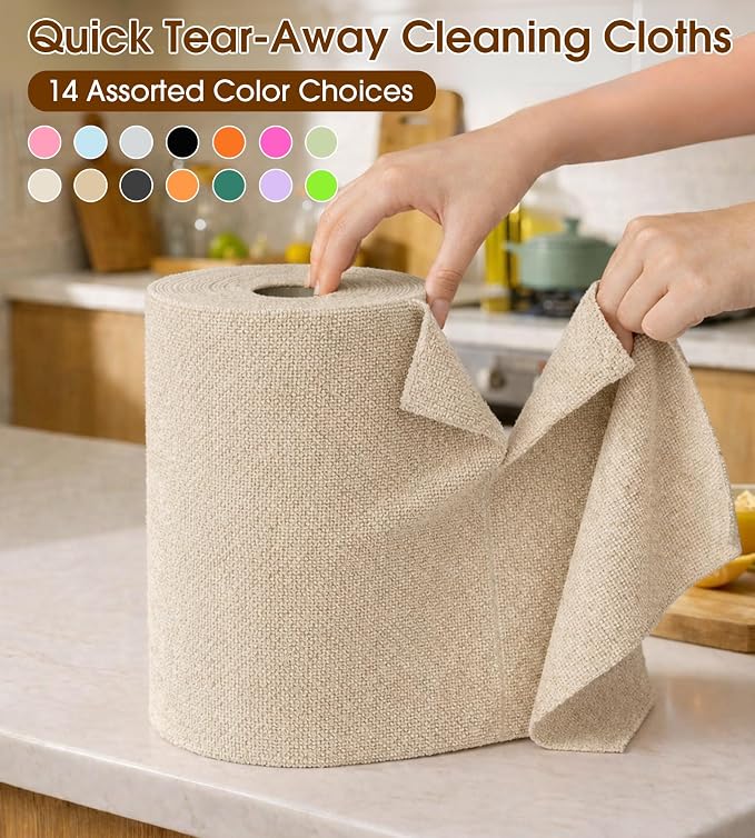 KitchLife Microfiber Cleaning Cloth Roll, 100 Pack - Tear-Away Microfiber Paper Towels, Lint-Free, Reusable, Washable for Kitchen, Car, Dishes, and Sensitive Surfaces (Sand Beige)