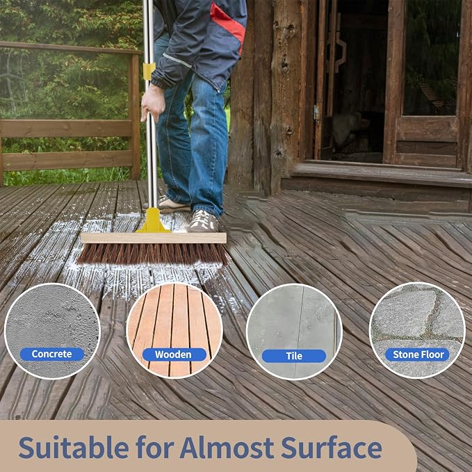 NICOFPHY Heavy Duty Floor Scrub Brush with Long Handle for Outdoor Cleaning | Deck Brush with Stiff Natural Palmyra Bristle, Floor Scrubber Brushes for Cleaning Concrete Floor, Garden, Patio, Shower