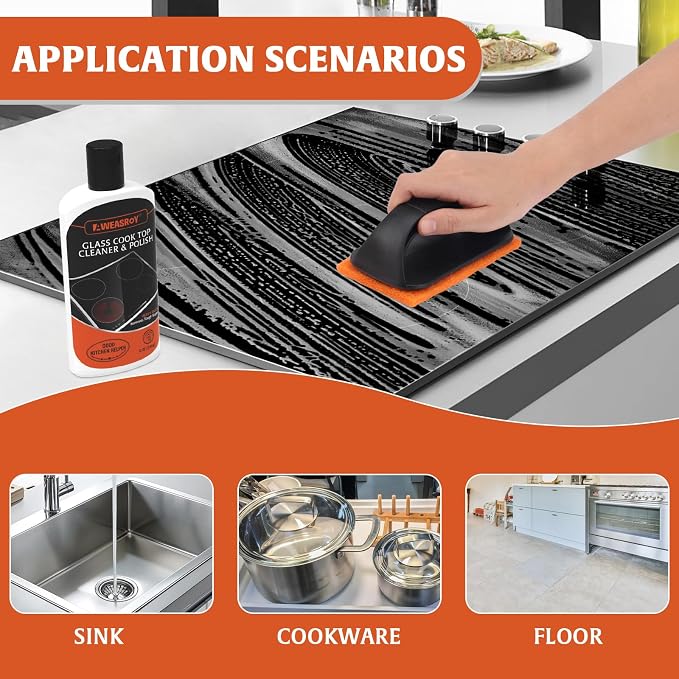 AWEASROY 20pcs Glass Stove Top Cleaner Kit - 12 oz Cooktop Cleaner Polish, Non-Abrasive No Scratch, Removes Tough Stains, Includes Scrubbing Pad, Scraper & Microfiber Cloth for Smooth Glass Surfaces
