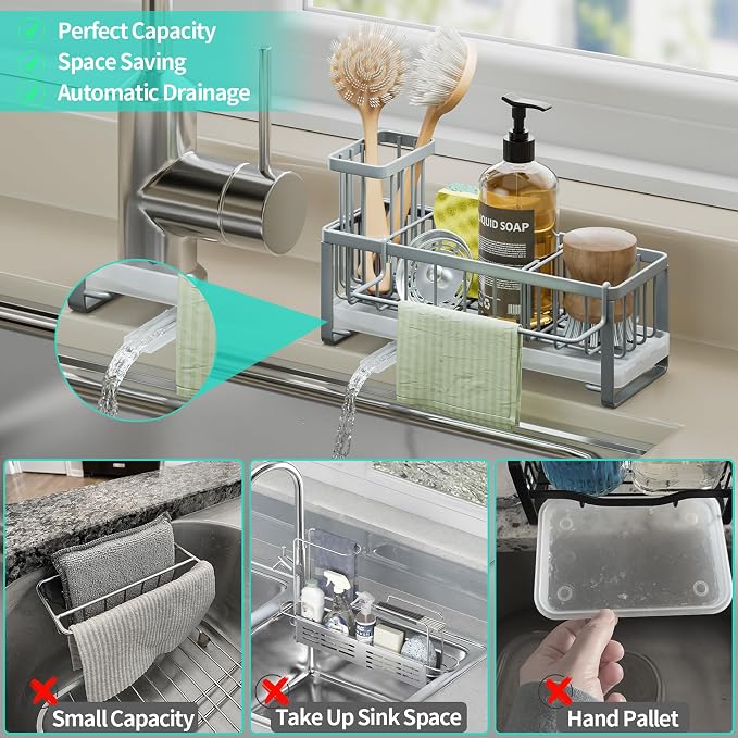 HapiRm Sponge Holder for Kitchen Sink - Self-draining Sink Caddy with Brush and Dishcloth Holders, Stainless Steel Kitchen Organizer for Countertop - Grey