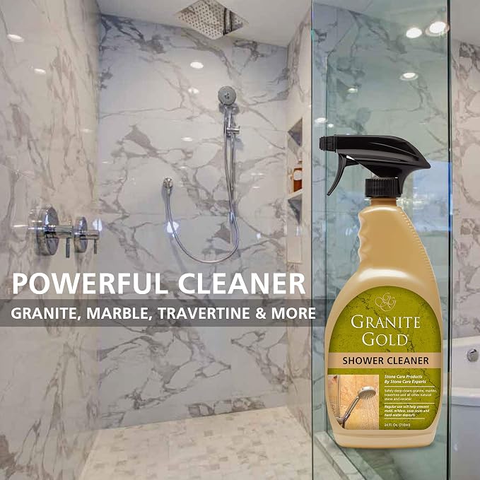 Granite Gold Shower Cleaner Spray for Quartz, Granite, Marble, Ceramic, and Other Stone Tub Surfaces, Made in the USA, 24 Ounces, Gold