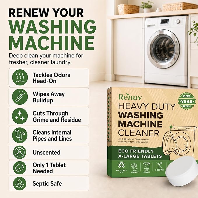 Renuv® Heavy Duty Washing Machine Cleaner & Descaler, 12 XL Tablets | Deep Cleaning Tablets Remove Residue, Grime Buildup, Front Load or Top Load Washer, HE and Septic Safe, 1 Year Supply
