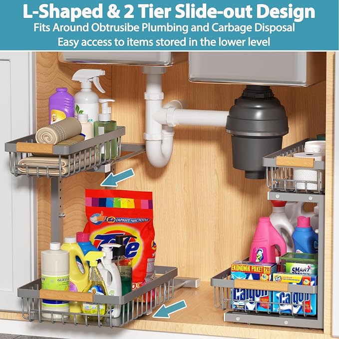 Liuoud Under Sink Organizer 2 Pack, 2 Tier Slide Out Large Capacity Height Adjustable Under Sink Organizers and Storage for Kitchen Bathroom Cabinet, Grey