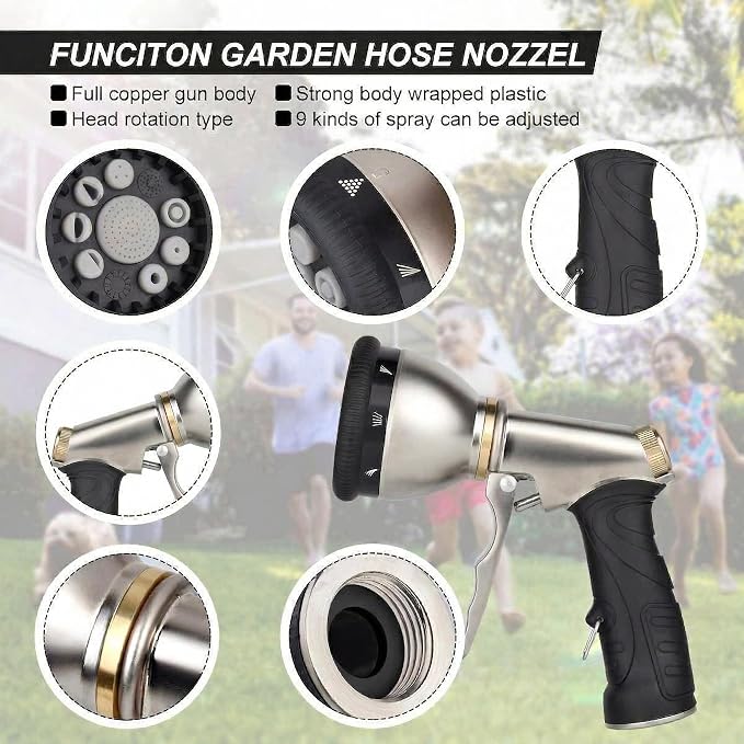 Garden Hose Nozzles,9 Spray Patterns Heavy Duty Metal Hose Sprayer Nozzle | Hose Nozzle Spray High Pressure Slip Resistant Water Sprayer for Plants & Lawns Watering,Car Washing and Pet Showering Gray