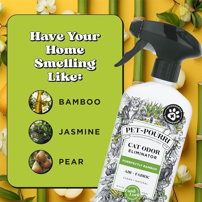 Pet-Pourri Air + Fabric Purrfectly Bamboo Cat & Home Deodorizer Spray, 16 Fl Oz, Up to 800 Uses, Pet Odor Remover with Essential Oils, for Air, Carpet, Urine, Vet Recommended, Bamboo, Jasmine & Pear