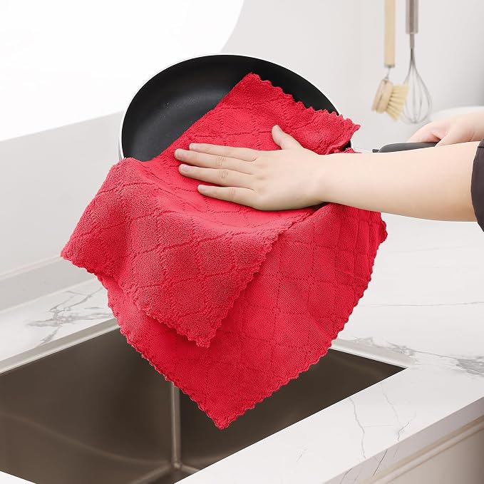 Homaxy 12 Pack Dish Towels for Kitchen (13 x 19 Inches, Red), Super Soft and Absorbent Coral Velvet Dish Cloths for Washing Dishes, Nonstick Oil Fast Drying Microfiber Cleaning Cloth
