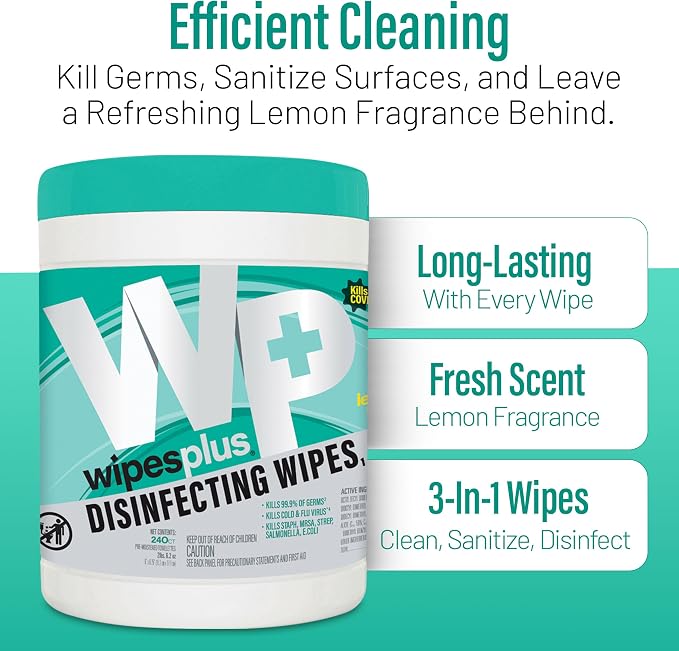 WIPESPLUS Disinfecting Surface Wipes Canister Bleach Free with Lemon Scent for Home and Business, 240 Count