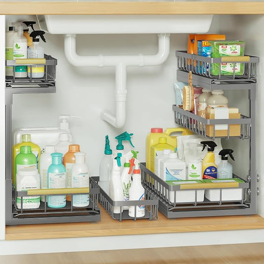 Under Sink Organizer and Storage - 3 Tier Cabinet Pull Out Shelf Organizers | 2 Pack 3 Tier under sink storage for Bathroom and Kitchen Slide Out Drawer Organization for Home Cabinets Shelves and Drawers