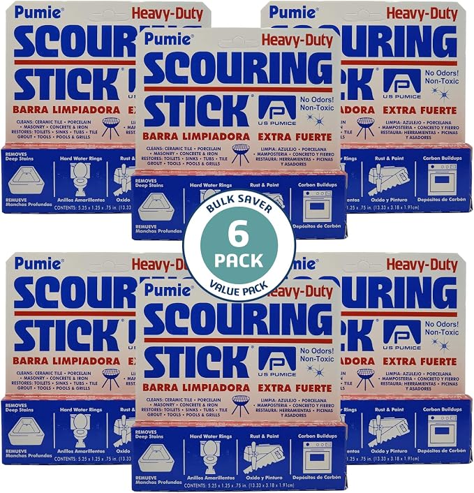 6-Pack PUMIE HDW Scouring Stick for Toilet Bowl Cleaning, Cleans Toilet Bowl Hard Water Rings, Buildups, Rust & Tough Stains, Perfect Pumice Stone for Cleaning Bathtub, Pools, Kitchens, Sinks & Grills