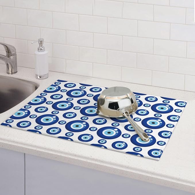 Blue Evil Eyes Microfiber Dish Drying Mat for Kitchen Counter 18"x24" Funny Dishes Pad Dish Drainer Rack Mats Absorbent Washable Reusable