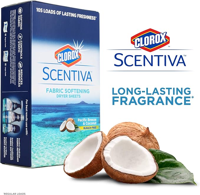 Clorox Scentiva Fabric Softening Dryer Sheets | Fabric Sheets in Pacific Breeze & Coconut Scent | Laundry Dryer Sheets for Fresh & Clean Clothes | 105 Count (Pack of 2)