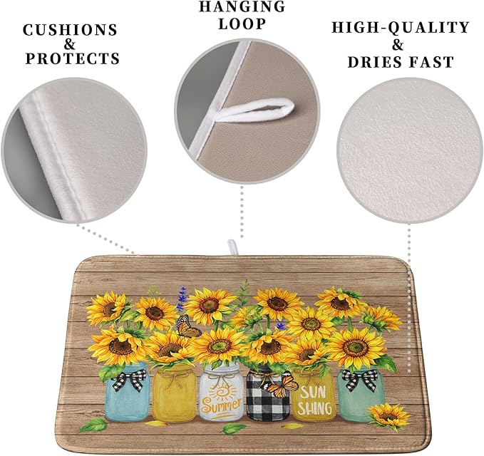 Sunflower Dish Drying Mat for Kitchen 18x24 Inch Counter Rustic Vintage Floral Vases Wood Grain Drying Mats Microfiber Absorbent Dishes Drying Pad Spring Summer Flowers Dish Drainer Rack Mat