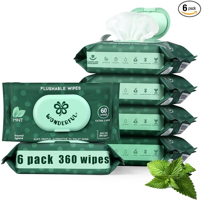WONDERFUL Flushable Wipes, Mint 100% Plant-Based Wet Butt Wipe for Adults & Kids, Sewer Septic Safe, Gentle for Sensitive Skin, Wipes Flushable Pack for Bathroom & Travel, 6-Pack (360 Count)