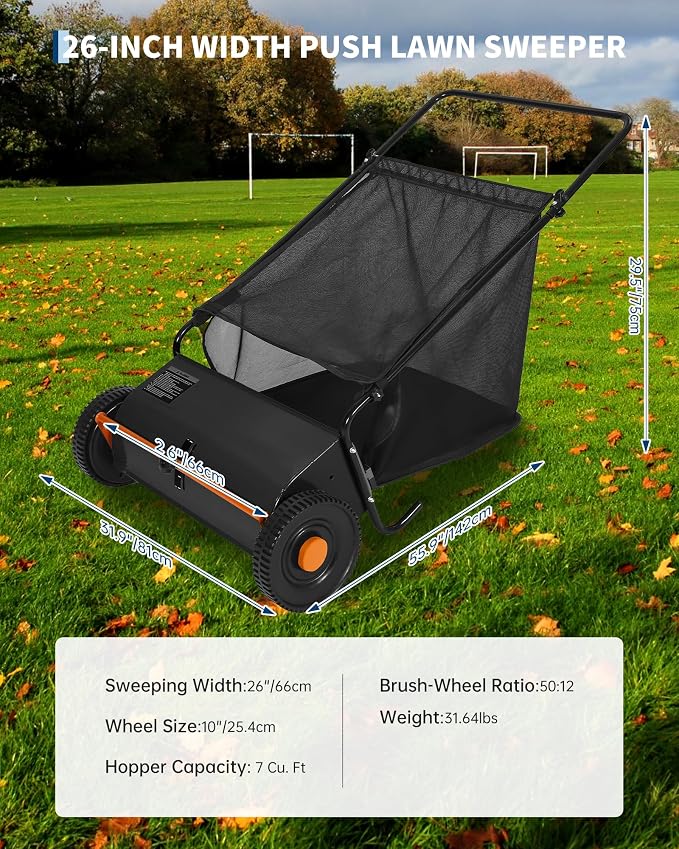 Garvee 26" Push Lawn Sweeper, Heavy Duty Walk Behind Leaf Collector | Yard Sweeper for Outdoor, Patio, Driveway, Garden Grass Sweepers, 4 High Speed Spinning Brush, 7 Cu. ft Hopper Capacity