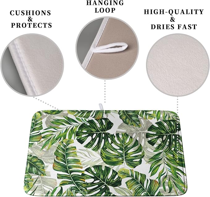 Tropical Palm Leaves Dish Drying Mat for Kitchen Counter 18x24 Inch, Green Monstera Kitchen Drying Mat,Watercolor Herbs Dishes Pad Dish Drainer Rack Mats Absorbent Fast Dry Kitchen Accessories