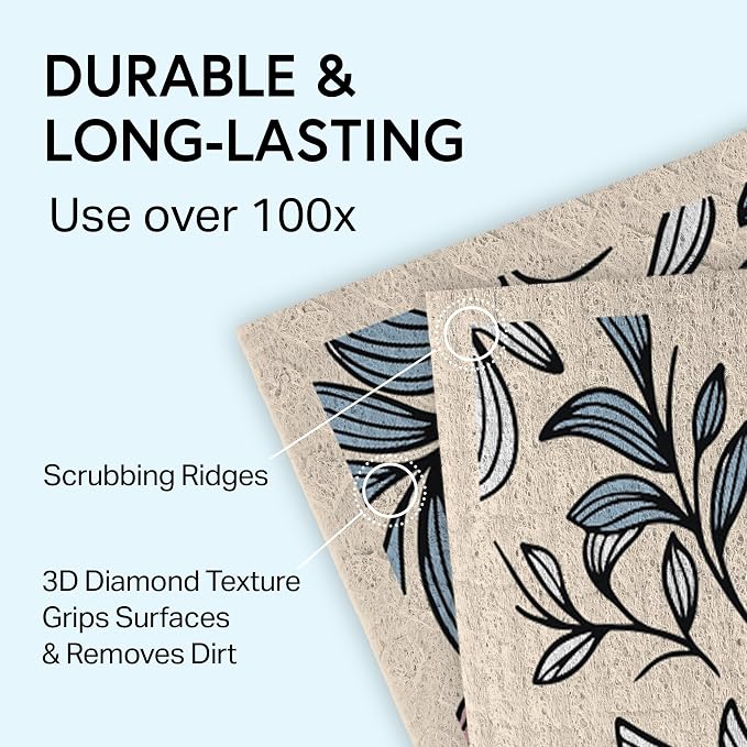 Swedish Wholesale Dishcloths Reusable 8" x 7" Sponge Cloths, Bulk 10 Pack of High Absorbent Cellulose Dish & Kitchen Cleaning Hand Towels, Wring to Dry & Machine Wash, Odor Resistant, Mini Flower