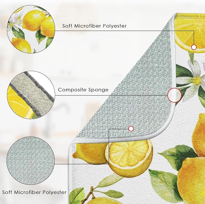 Sanwarm Absorbent Dish Drying Mat, Floral Lemon Fruits Vintage Microfiber Pad for Kitchen Counter, Coffee Bar Decor, Heat Resistant and Reversible, 18" x 24"
