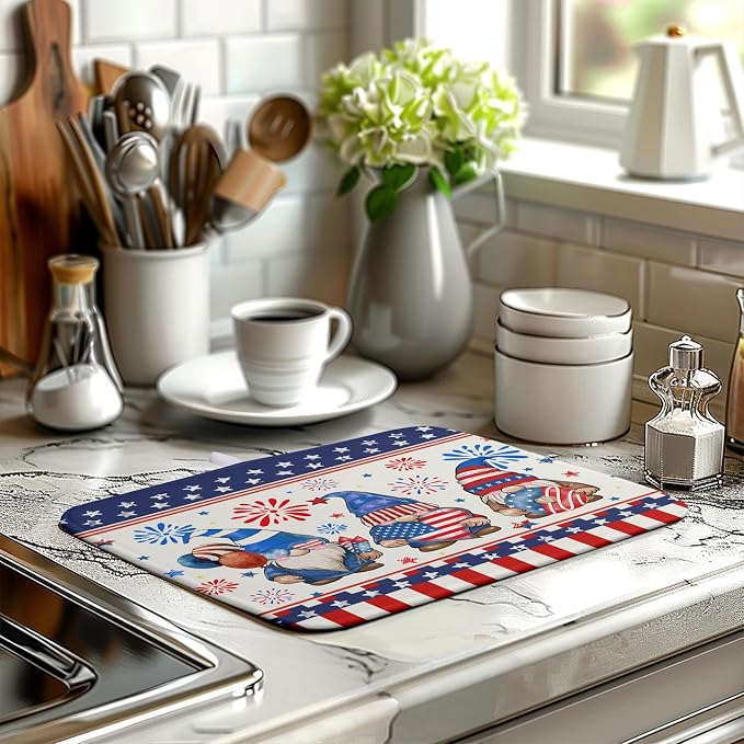 Patriotic Gnome Drying Mat 16x18 Inch American Memorial Day Independence Day Microfiber Dish Drainer Super Absorbent Dish Rack Mat for Kitchen Counter Holiday Decor