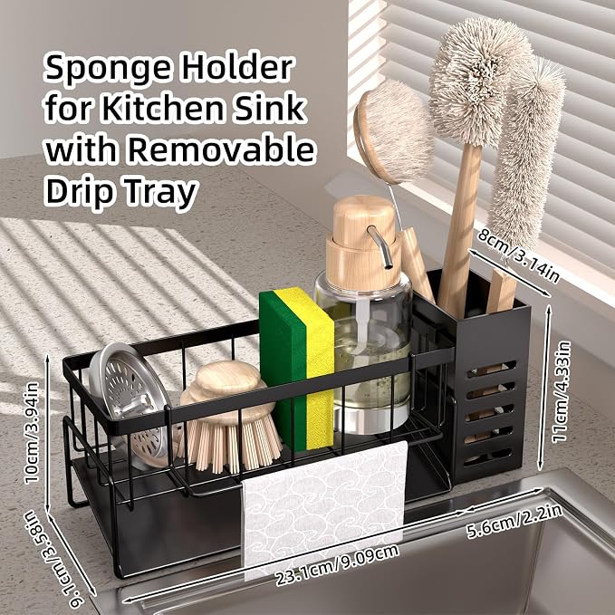 Kitchen Caddy Sink Organizer,Sponge Holder with Dish Brush Holder,Sponge Caddy Soap Dispenser Storage,304 Stainless Steel Kitchen Sink Accessories Over the Sink Shelf